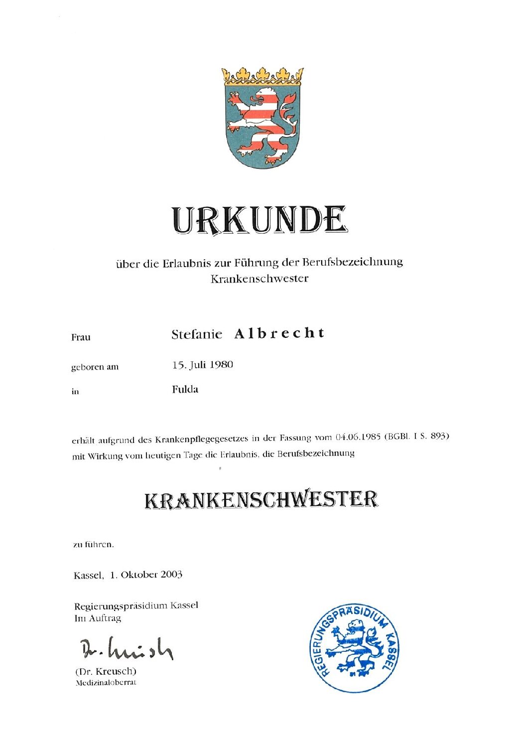 Urkunde Krankenpflege