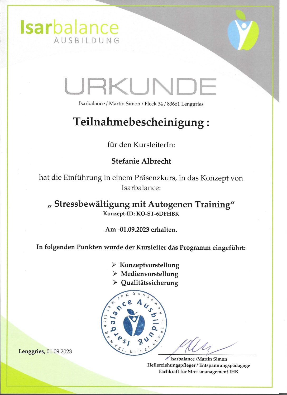 Urkunde_Stressbewältigung mithilfe AT