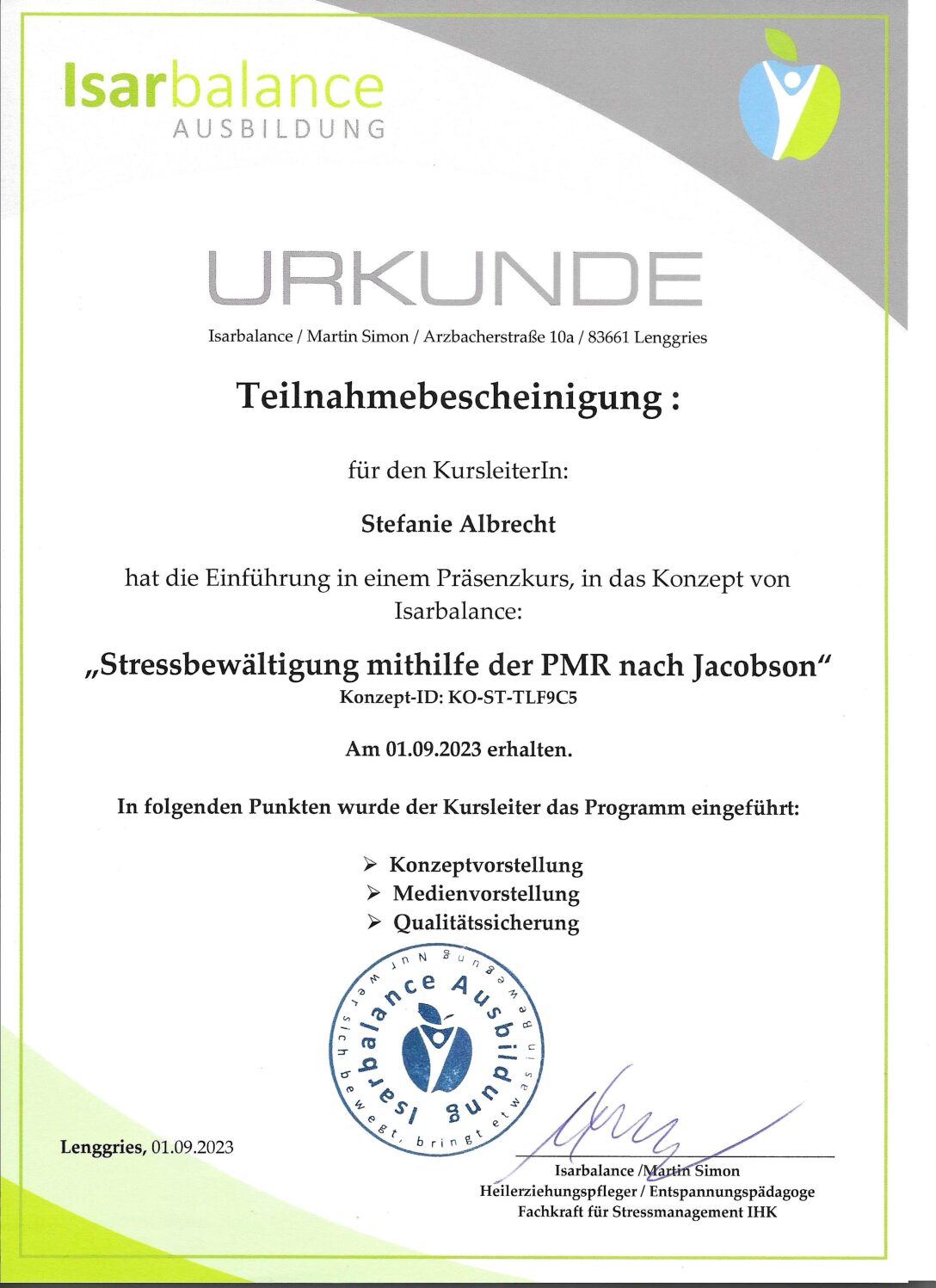 Urkunde_Stressbewältigung mithilfe PMR