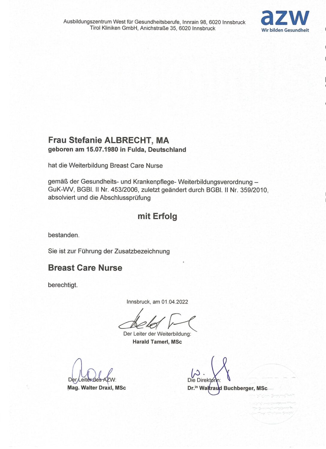 Zeugnis_Breast Care Nurse